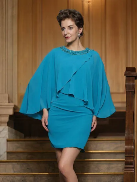 Sheath/Column Scoop Short/Mini Silk like Satin Mother of the Bride Dresses With Beading