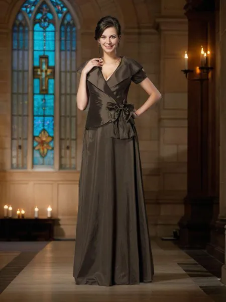 A-Line/Princess V-neck Floor-Length Taffeta Mother of the Bride Dresses With Bow