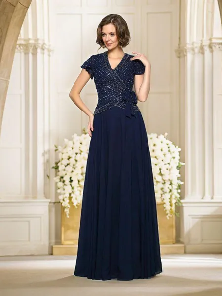 A-Line/Princess V-neck Floor-Length Chiffon Mother of the Bride Dresses With Beading
