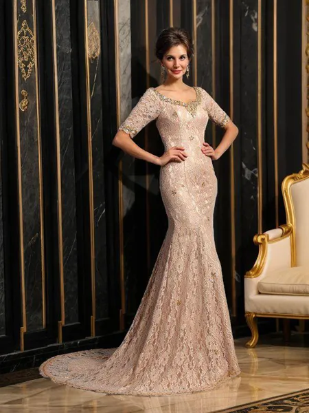 Trumpet/Mermaid V-neck Court Train Silk Like Satin Mother of the Bride Dresses With Lace