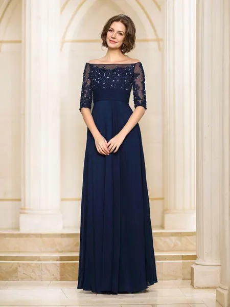 A-Line/Princess Off-the-Shoulder Floor-Length Chiffon Mother of the Bride Dresses With Beading