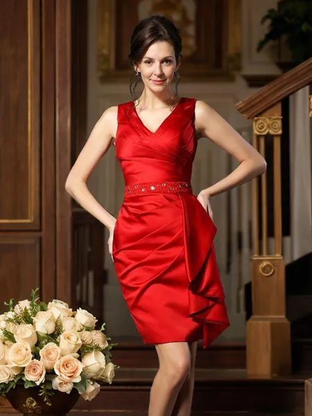 Sheath/Column V-neck Knee-Length Satin Mother of the Bride Dresses With Ruffles