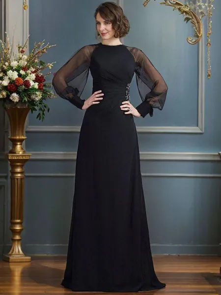 Sheath/Column Scoop Sweep Train Chiffon Mother of the Bride Dresses With Beading