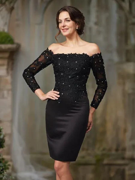 Sheath/Column Off-the-Shoulder Knee-Length Satin Mother of the Bride Dresses With Lace