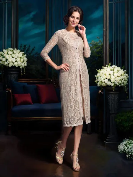 Sheath/Column Scoop Knee-Length Taffeta Mother of the Bride Dresses With Lace