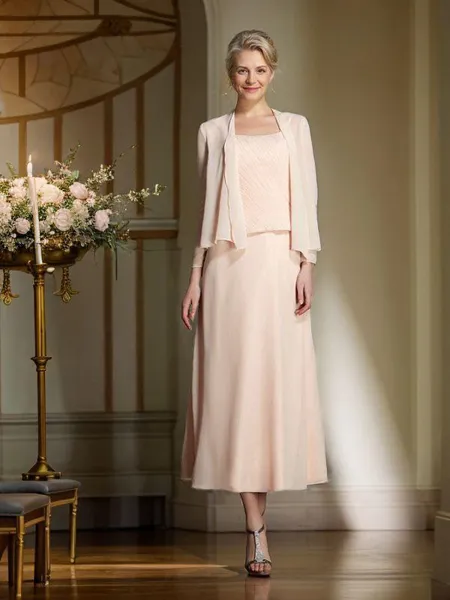 A-Line/Princess Straps Tea-Length Chiffon Mother of the Bride Dresses With Appliques Lace