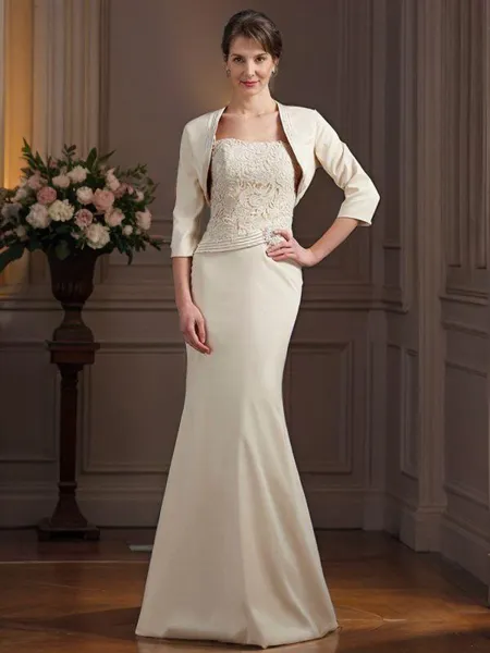 Sheath/Column Square Floor-Length Silk Like Satin Mother of the Bride Dresses With Lace