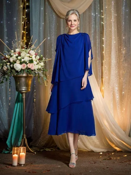 A-Line/Princess Bateau Tea-Length Chiffon Mother of the Bride Dresses With Appliques Lace