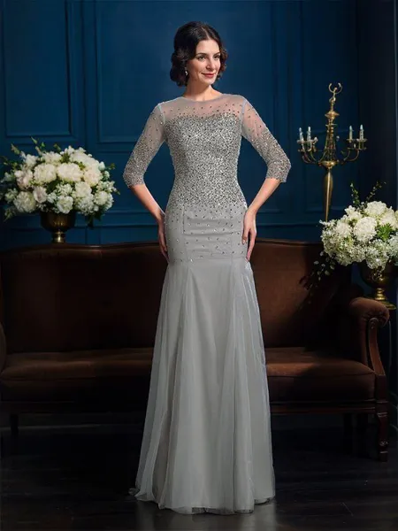 Sheath/Column Scoop Floor-Length Net Mother of the Bride Dresses With Beading