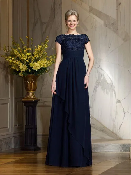 A-Line/Princess Bateau Floor-Length Chiffon Mother of the Bride Dresses With Appliques Lace