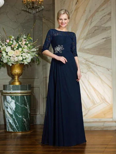 A-Line/Princess Bateau Floor-Length Chiffon Mother of the Bride Dresses With Beading