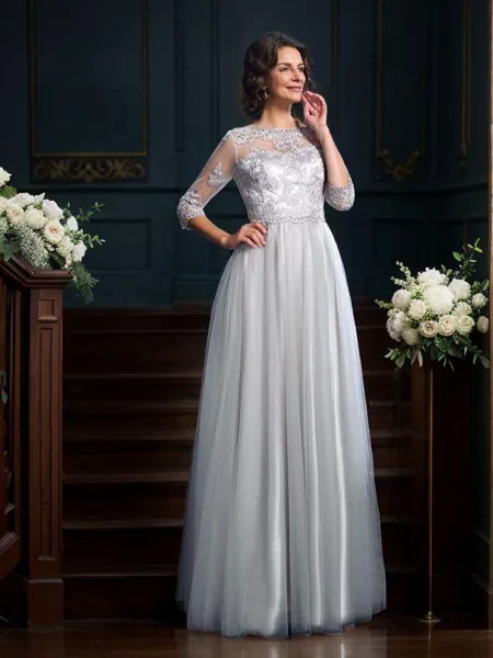 A-Line/Princess Scoop Floor-Length Silk Like Satin Mother of the Bride Dresses With Appliques Lace