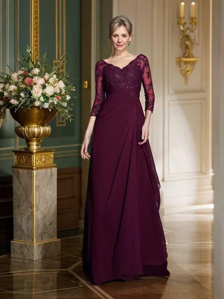 A-Line/Princess V-neck Floor-Length Chiffon Mother of the Bride Dresses With Beading