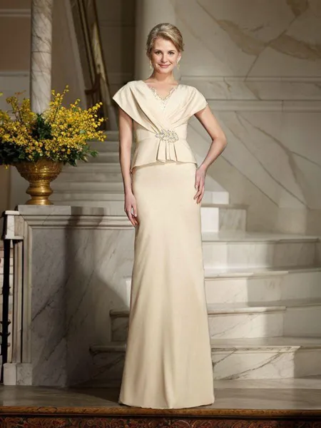 Sheath/Column V-neck Floor-Length Silk like Satin Mother of the Bride Dresses With Beading