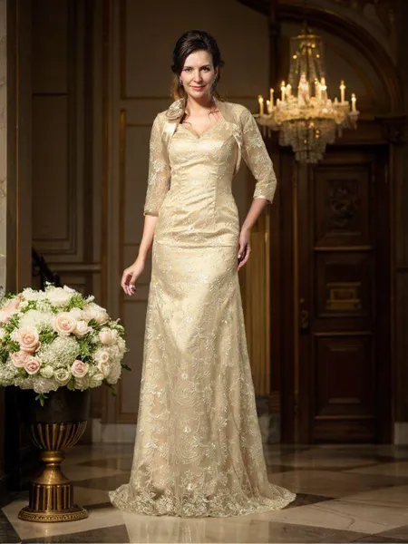 A-Line/Princess V-neck Floor-Length Lace Mother of the Bride Dresses With Lace