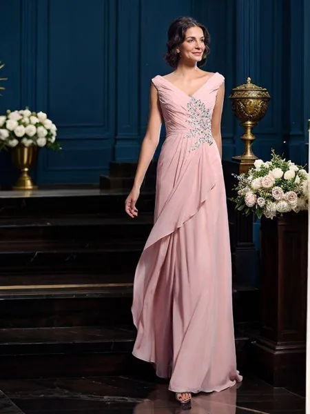 A-Line/Princess V-neck Sweep Train Chiffon Mother of the Bride Dresses With Beading
