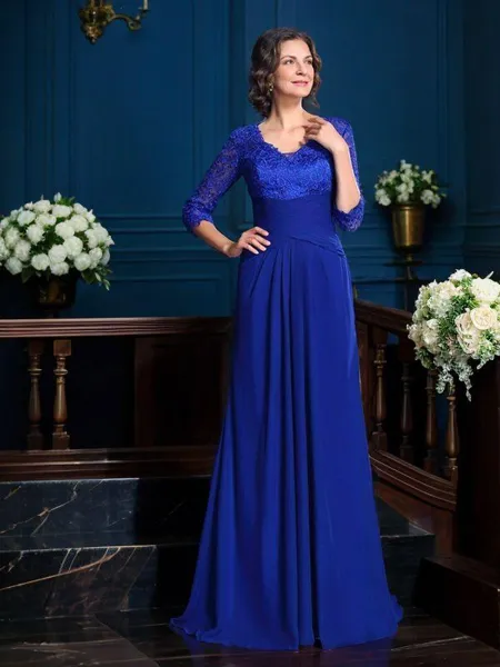 A-Line/Princess V-neck Sweep Train Chiffon Mother of the Bride Dresses With Appliques Lace