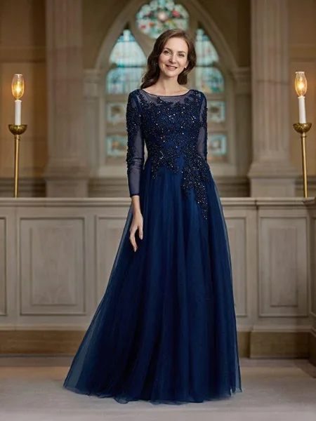A-Line/Princess Scoop Floor-Length Tulle Mother of the Bride Dresses