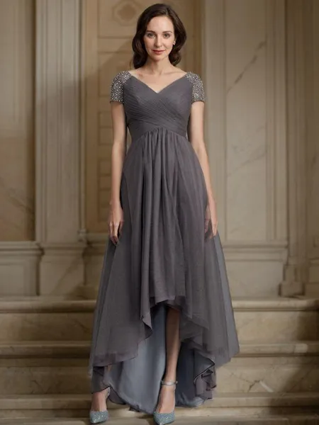 A-Line/Princess V-neck Asymmetrical Tulle Mother of the Bride Dresses