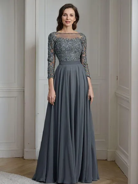 A-Line/Princess Bateau Floor-Length Chiffon Mother of the Bride Dresses