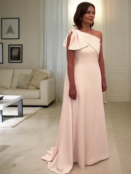 A-Line/Princess One-Shoulder Sweep Train Stretch Crepe Mother of the Bride Dresses With Bow