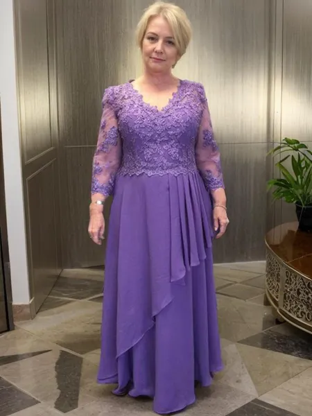 A-Line/Princess V-neck Floor-Length Chiffon Mother of the Bride Dresses With Appliques Lace