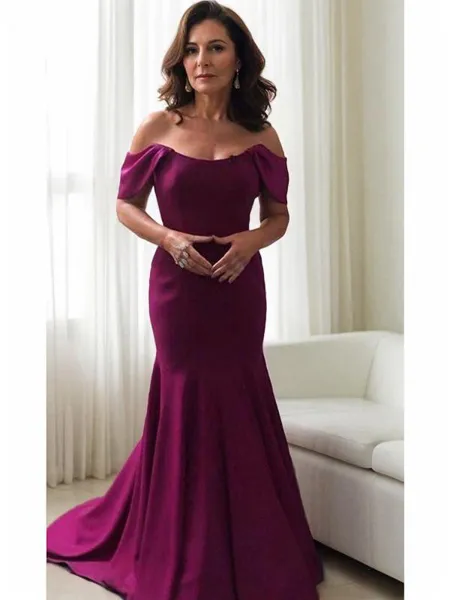 Trumpet/Mermaid Off-the-Shoulder Sweep Train Silk Like Satin Mother of the Bride Dresses With Ruffles