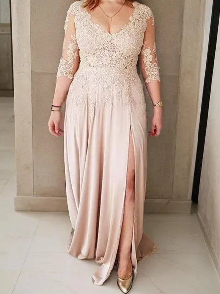 A-Line/Princess V-neck Sweep Train Silk Like Satin Mother of the Bride Dresses With Leg Slit