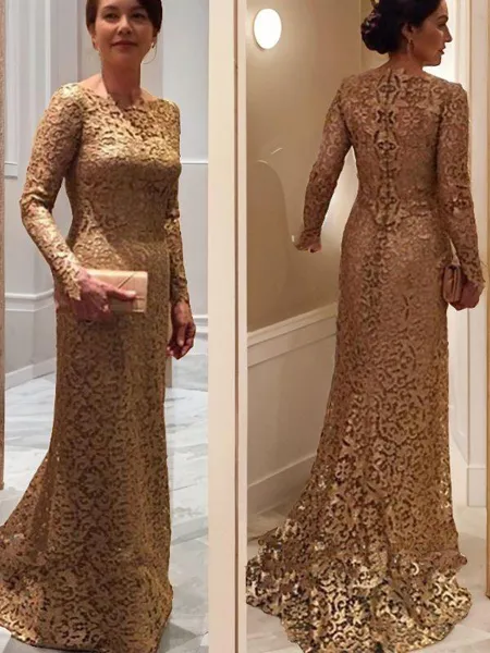 Sheath/Column Scoop Sweep Train Lace Mother of the Bride Dresses