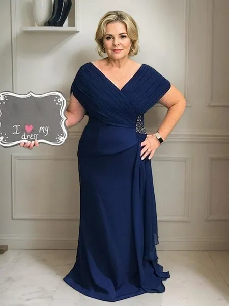 Sheath/Column V-neck Floor-Length Chiffon Mother of the Bride Dresses With Ruffles