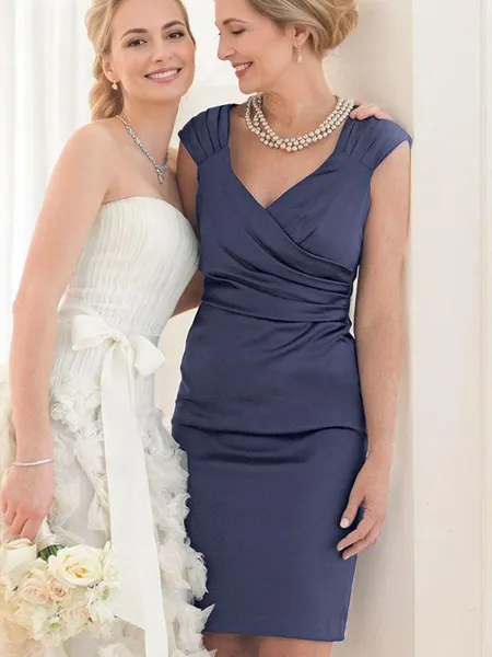 Sheath/Column V-neck Knee-Length Charmeuse Mother of the Bride Dresses With Ruffles