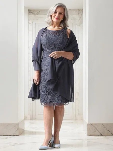 Sheath/Column Scoop Knee-Length Chiffon Mother of the Bride Dresses With Lace