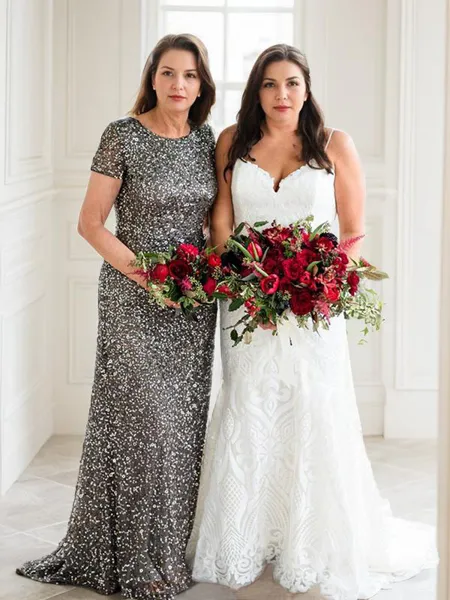 Sheath/Column Scoop Sweep Train Sequins Mother of the Bride Dresses