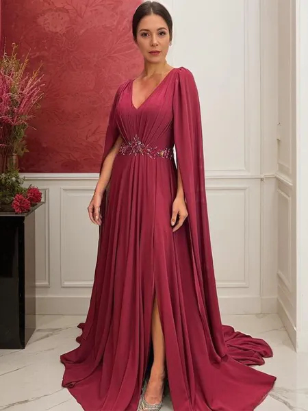 A-Line/Princess V-neck Court Train Chiffon Mother of the Bride Dresses With Leg Slit