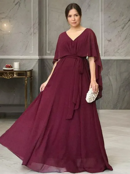 A-Line/Princess V-neck Floor-Length Chiffon Mother of the Bride Dresses With Belt/Sash
