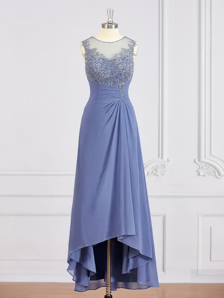 A-Line/Princess Scoop Asymmetrical Chiffon Mother of the Bride Dresses With Appliques Lace