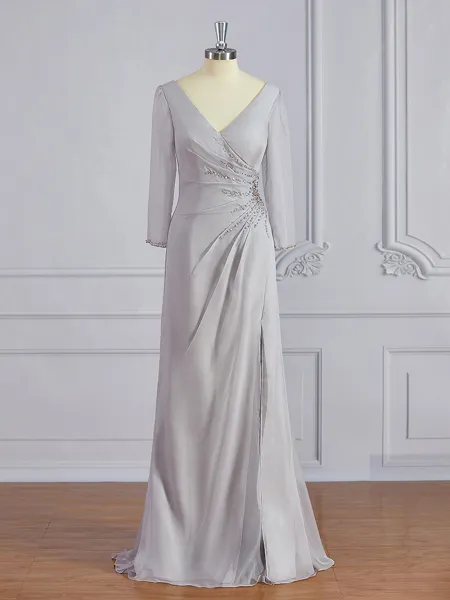 Sheath/Column V-neck Floor-Length 30D Chiffon Mother of the Bride Dresses With Beading