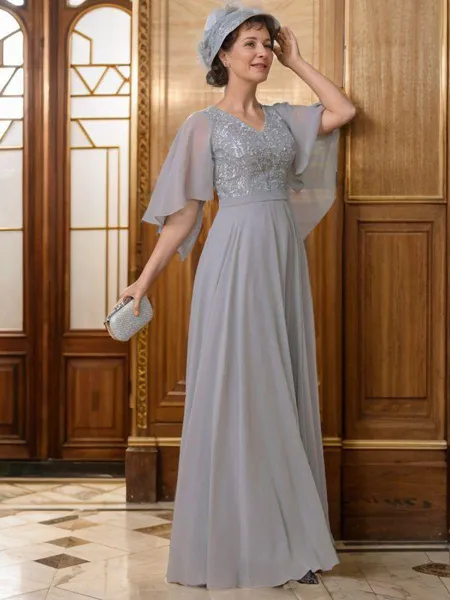A-Line/Princess V-neck Floor-Length Chiffon Mother of the Bride Dresses With Applique
