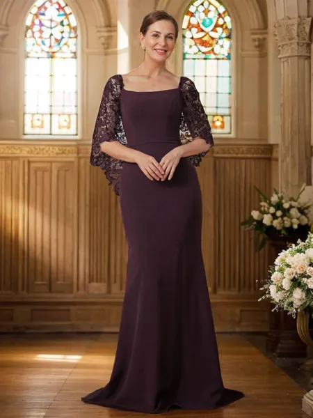 Sheath/Column Square Sweep Train Stretch Crepe Mother of the Bride Dresses With Lace