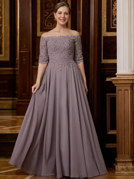 A-Line/Princess Off-the-Shoulder Floor-Length Chiffon Mother of the Bride Dresses With Applique