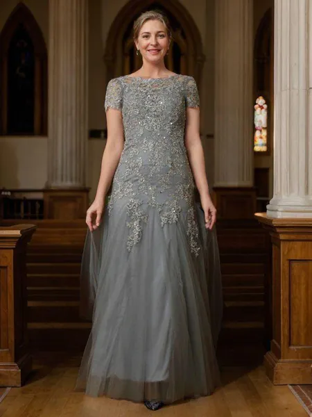 A-Line/Princess Scoop Floor-Length Tulle Mother of the Bride Dresses With Lace