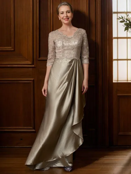 A-Line/Princess V-neck Satin Sweep Train Mother of the Bride Dresses With Lace