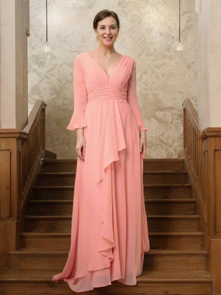 A-Line/Princess V-neck Sweep Train Chiffon Mother of the Bride Dresses With Ruffles