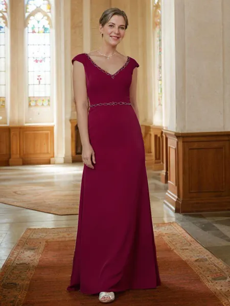 Sheath/Column V-neck Floor-Length Stretch Crepe Mother of the Bride Dresses With Beading