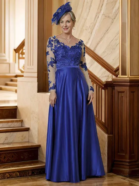 A-Line/Princess V-neck Floor-Length Satin Floor-Length With Applique