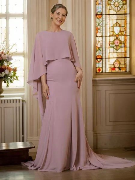 Sheath/Column Scoop Sweep Train Chiffon Mother of the Bride Dresses With Ruffles