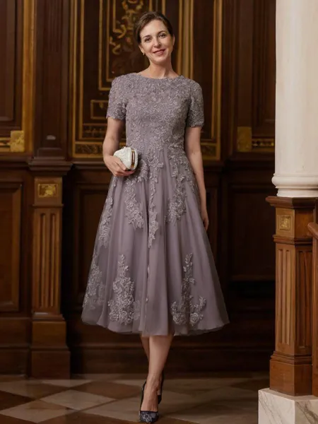 A-Line/Princess Scoop Tea-Length Chiffon Mother of the Bride Dresses With Lace