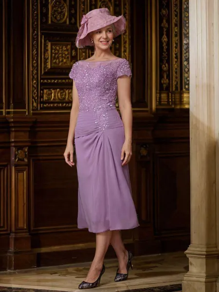 Sheath/Column Scoop Tea-Length Chiffon Mother of the Bride Dresses With Applique