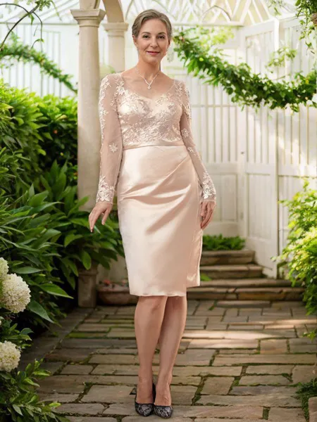 Sheath/Column V-neck Knee-Length Satin Mother of the Bride Dresses With Lace Applique