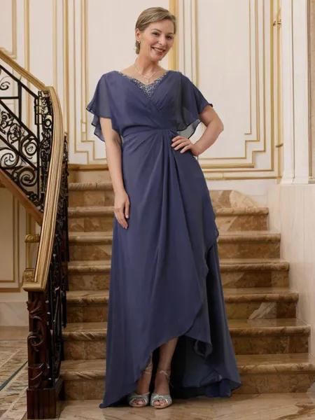 A-Line/Princess V-neck Asymmetrical Chiffon Mother of the Bride Dresses With Beading